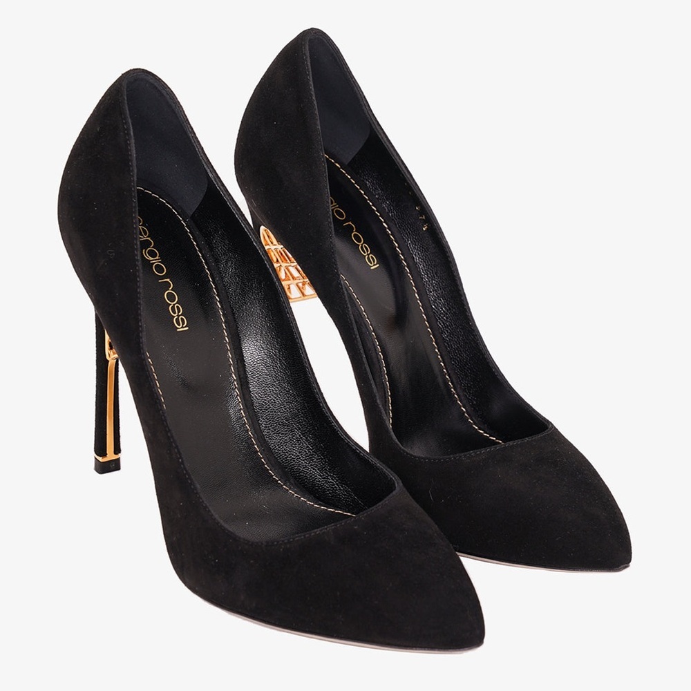 New! SERGIO ROSSI BLACK SUEDE WITH NET GOLDEN DETAIL HEELS SIZE 36 - Picture 3 of 12